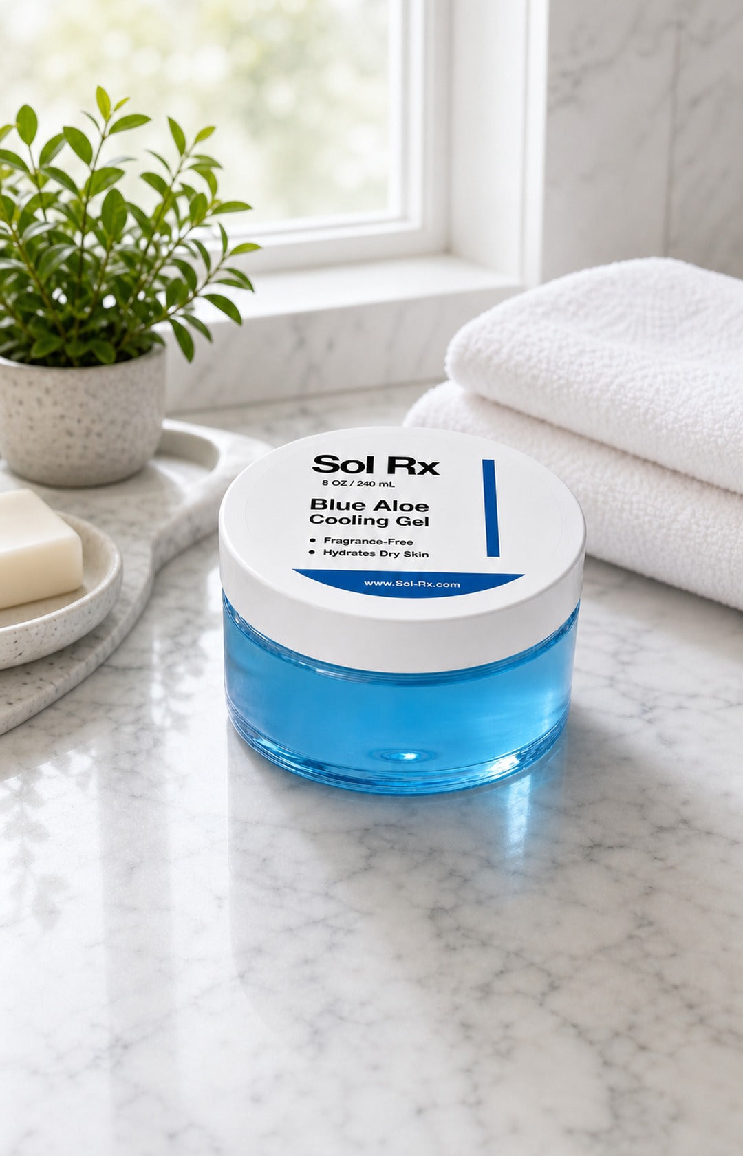 Sol Rx Blue Aloe Cooling Gel on clean bathroom counter