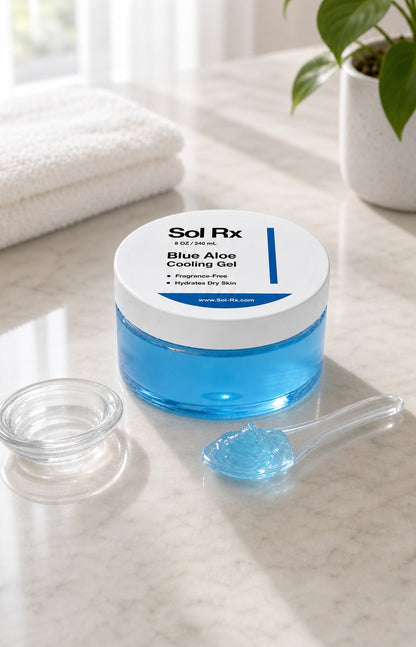 Sol Rx Blue Aloe Cooling Gel with blue gel texture