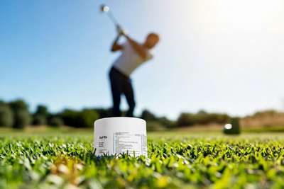 Sol Rx on grass with a blurred golfer in the background
