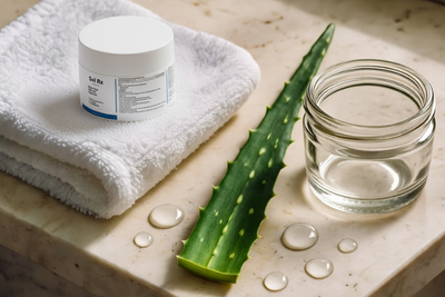 Jar of Sol Rx, aloe vera leaf, and glass jar on a light stone surface