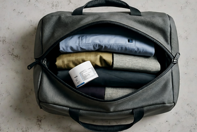 Sol Rx in gray duffel bag with clothes on a textured surface