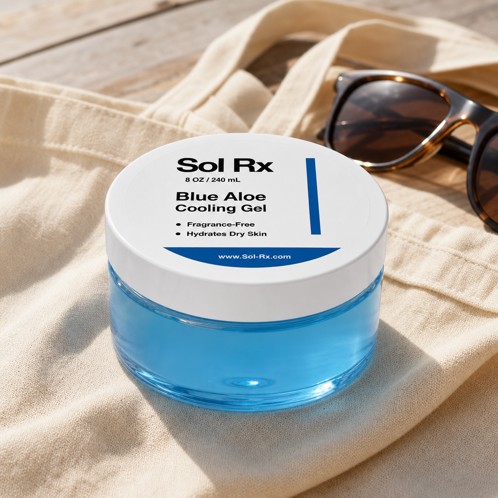 Sol Rx Blue Aloe Cooling Gel with beach bag and sunglasses
